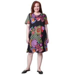 La Cera Novelty  Floral Print Short Sleeve A Line Dress Sz 2X Scoop Neck NWT